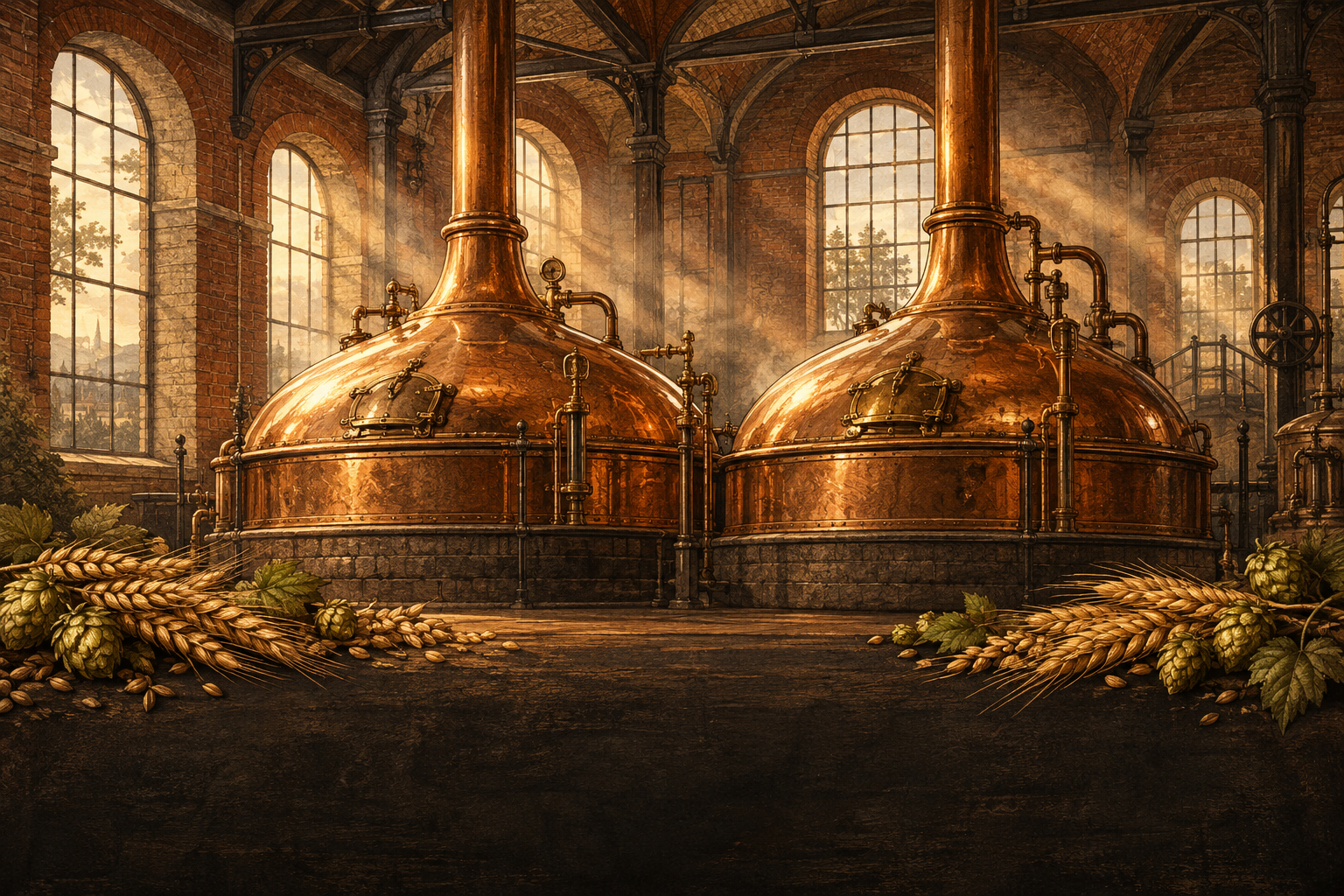Artistic illustration of copper brewing vessels, barley and hops, celebrating brewing heritage.